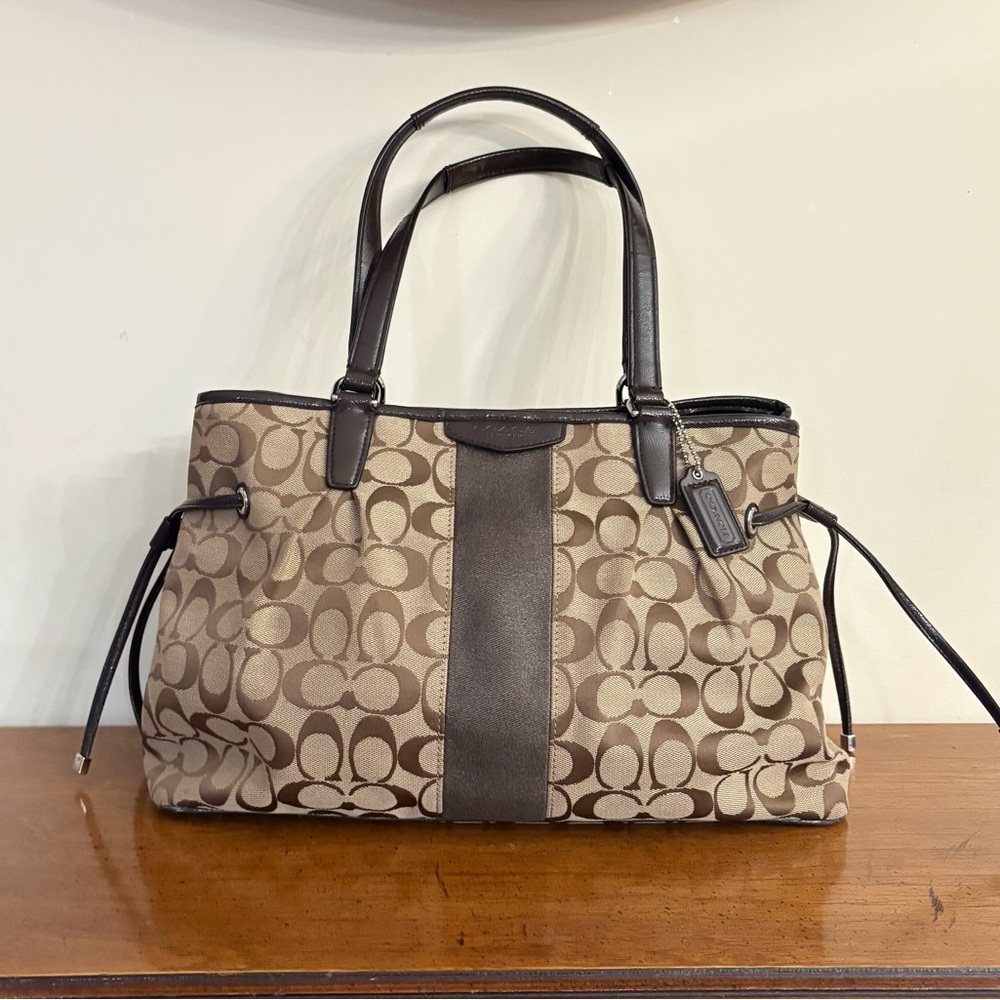 Coach Brown Monogram Tote with Leather Accents